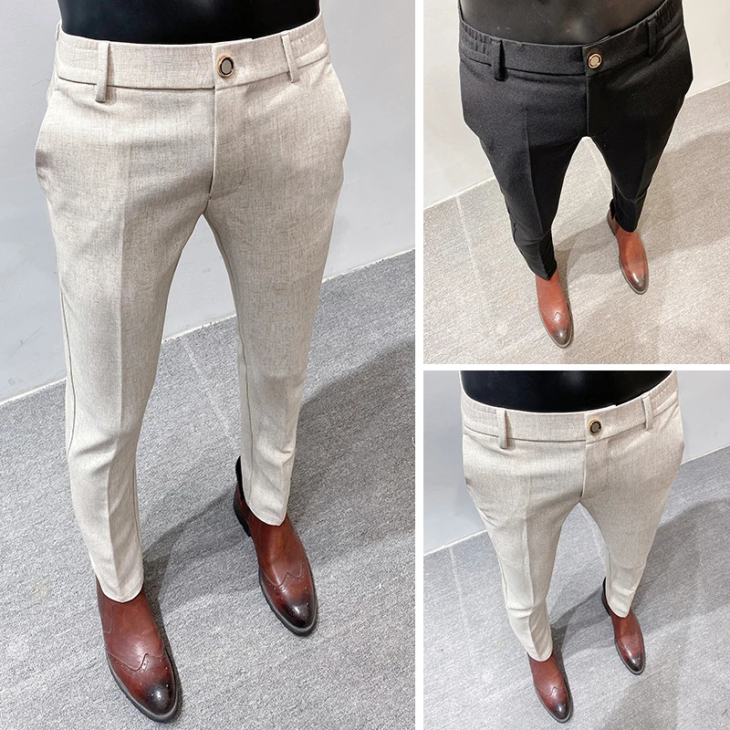Mens High Quality Linen Suit Trousers Male Slim Fit Solid Color Business Casual Pants Formal Office Social Trouser Plus Size 38 240806