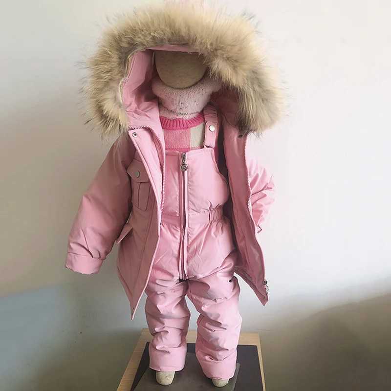 2-piece childrens winter down jacket and jumpsuit baby thick jacket girls jacket warm real fur collar boys snow jacket 0-4Y X2411151