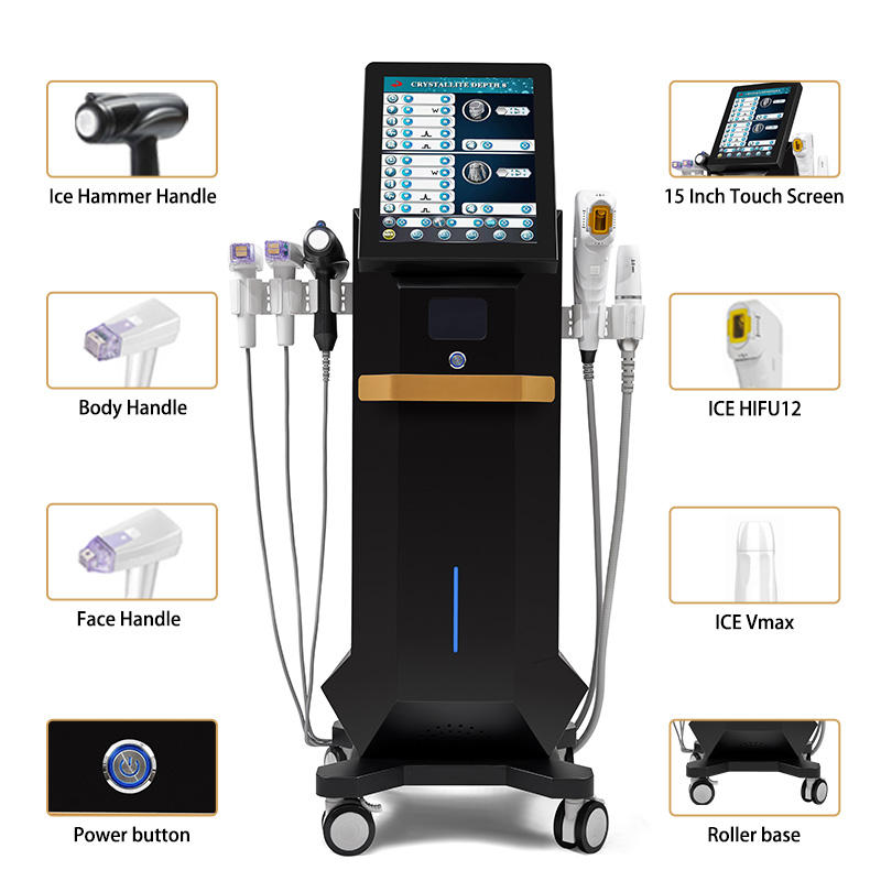 Hot Vertical Body Shape Skin Tightening Ice Vmax Hifu Beauty Machine 4 In 1 Single Point & Multi-Row Focused Ultrasound Skin Resurfacing RF Microneedl