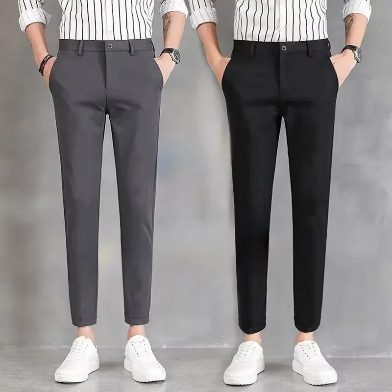 Spring Summer Mens Cropped Pants Slimming Smooth Silhouette Korean Trend Versatile Young Mans Feet Trousers Thin 240806