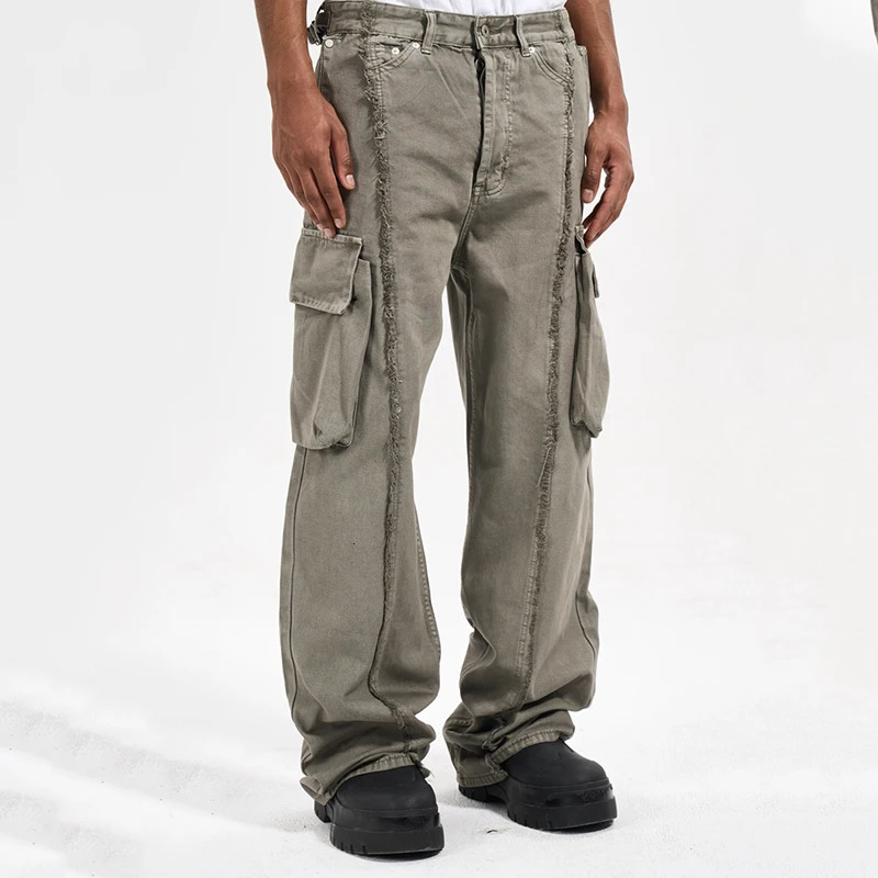 PFNW Functional Style Mens Pants Tassel Wornout Washed Straight Big Pockets Loose Wide Leg Male Cargo Bottom 12C612 240806