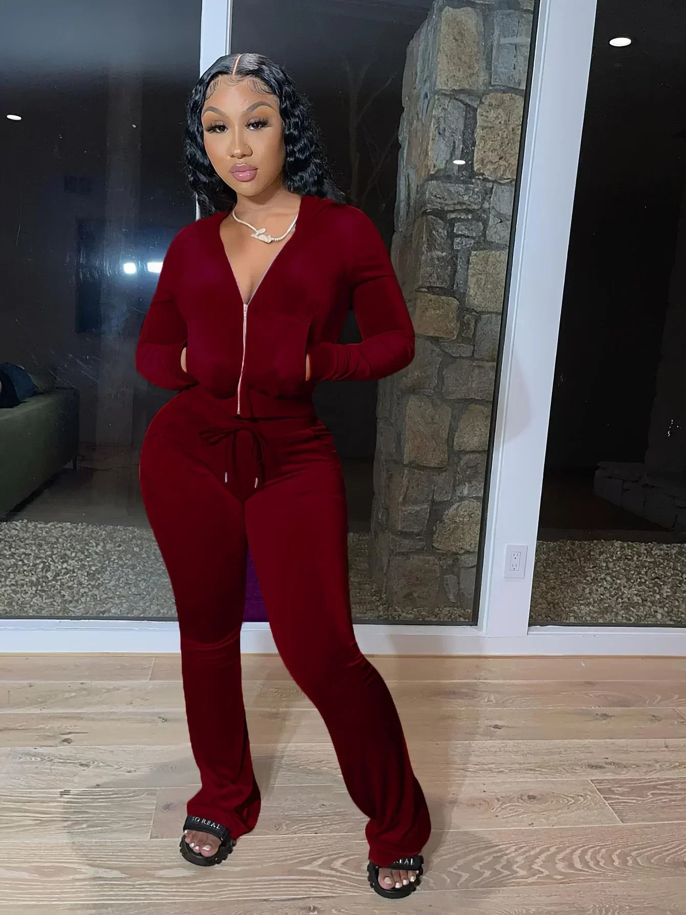 Women Velvet Two Piece Set Autumn Winter Tracksuit Outfits Long Sleeve Hooded Zipper Sweatshirt Drawstring Wide Leg Pants Suit 240807