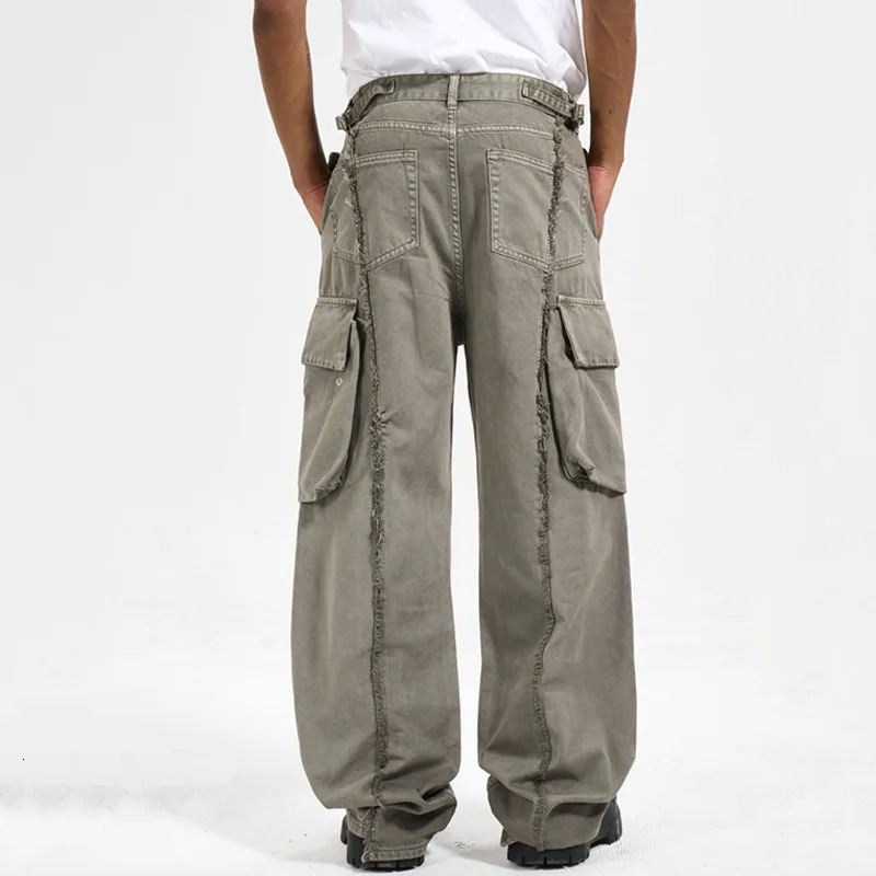 PFNW Functional Style Mens Pants Tassel Wornout Washed Straight Big Pockets Loose Wide Leg Male Cargo Bottom 12C612 240806