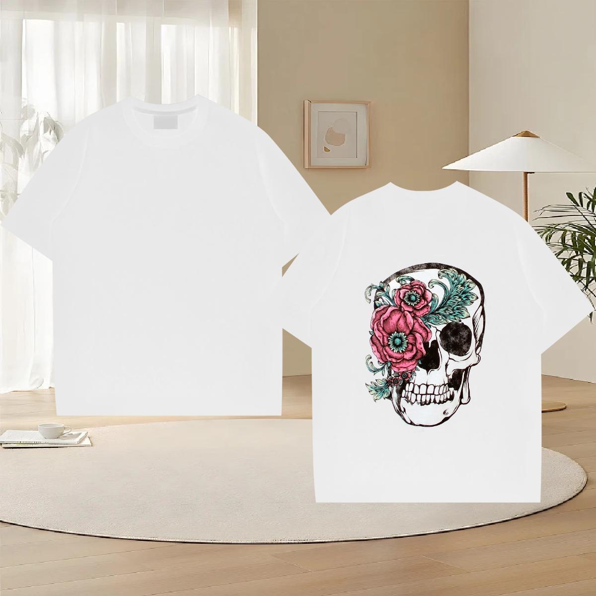 2024 Summer T Shirts Men skull Wear 230g 100% Cotton Casual Daily Wear Brand Floral Print Breathable Short Sleeve Tshirts