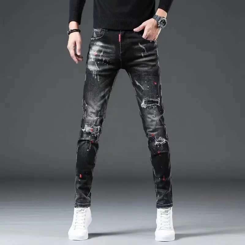 High Street Fashion Casual Ripped Jeans Mens Patch Teenagers Cowboy Paint Splash Ink Black Pencil Pants Skinny Jeans Men M250316