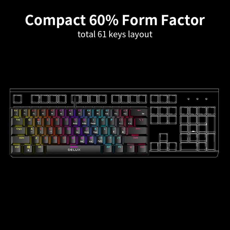 Delux KM36 Gaming Mechanical Wired 61 Keys Kercaps Keyboard Rainbow Backlit Mini Size Full Function For Notebook DesktopM240715