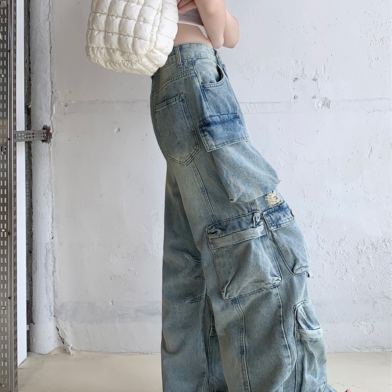 Women Streetwear Baggy 2000s Y2k Japanese American Vintage Hole Denim Pants Harajuku Long Trousers Cargo Jean Loose Vintage Dark 240806