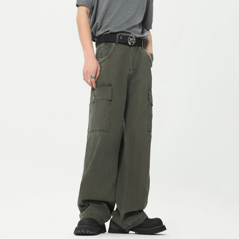IEFB American Style Mens Overalls Washed Rough Edge Design Vintage Trendy Male Cargo Pants Straight Multipocket 9C6623 240806
