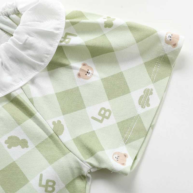 Girls summer top short sleeved green childrens T-shirt girls sweet plain bear print top 1-6 years old childrens cotton dressW240718
