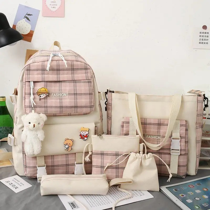 Backpack Japanese Cute Smooth Elementary School Bag Womens Korean Trend Five Piece Set 240807