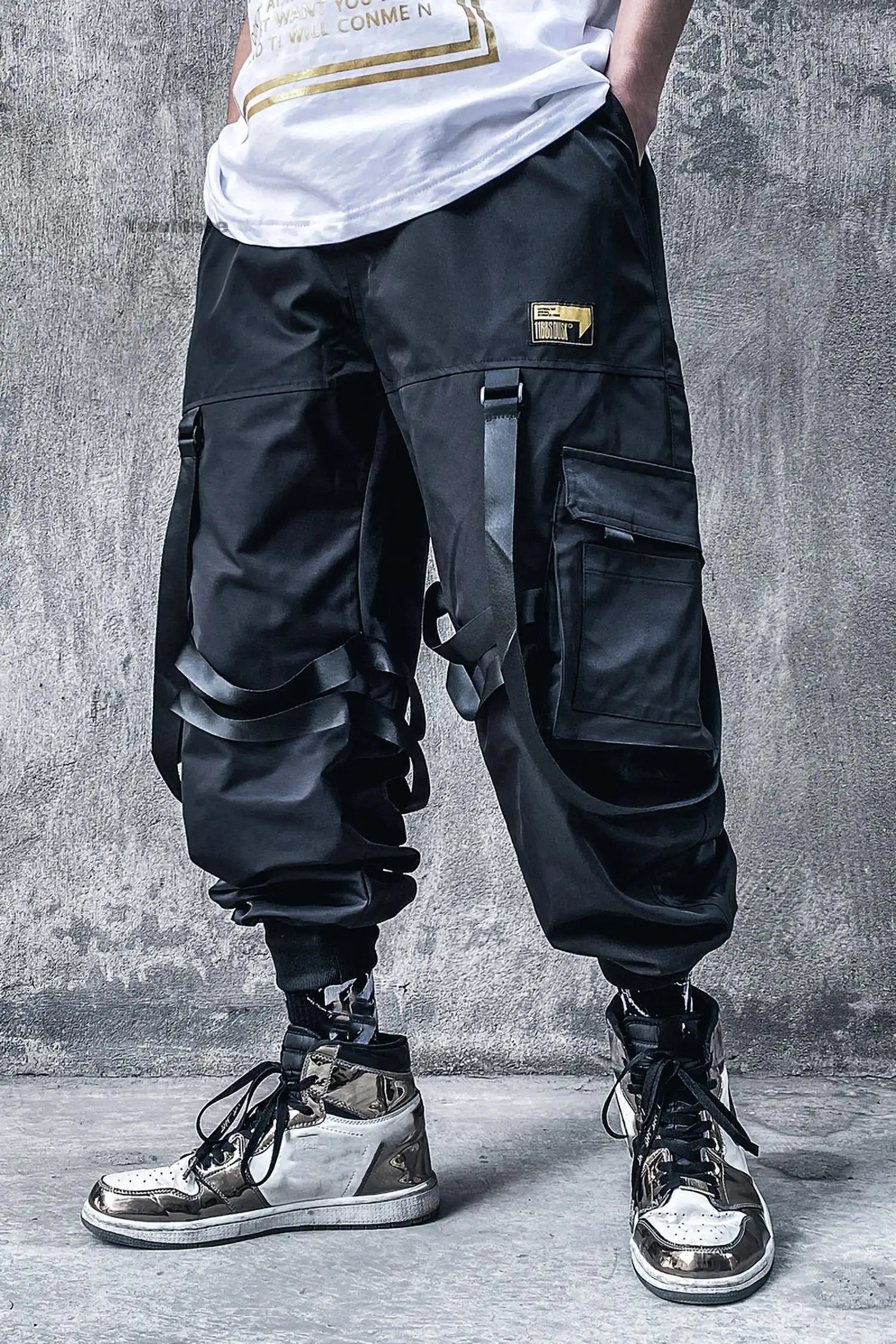 Mens Ribbon Straps Studded Techwear Jogger Punk Ankle Cargo Pants Black 240806