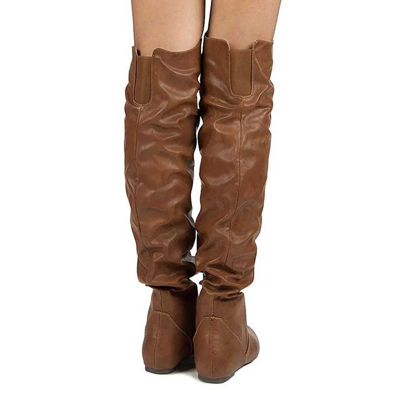 Lasyarrow Over The Knee Women Pu Elastic Boots Female Round Toe Concise Flat Shoes Autumn Winter Plus Size 48 240806 4