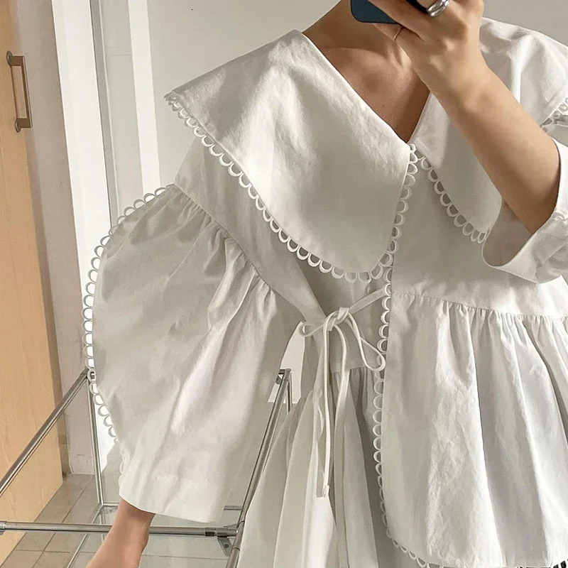 Irregular Lace Up Slim Waist Vintage Blouse Women Korean Style Chic Loose Casual Streetwear Shirts Spring Autumn Blusas 240816