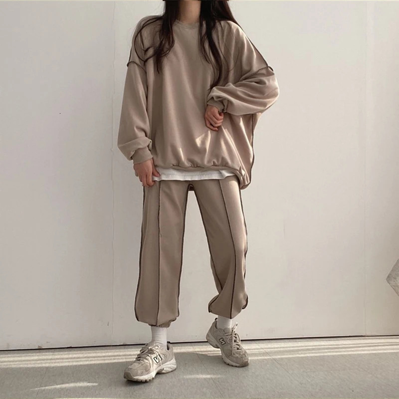 Schinotch Women Tracksuit Long Sleeve Warm O-neck Solid Color Pullover Hoodie Sweatpants Sport Outfit Jogger Set 240807