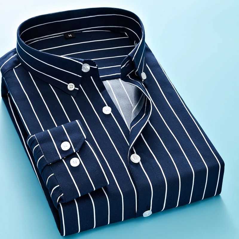 Mens Long Sleeve Blue White Striped Shirt Dress Fashion Standard-fit Button Down Shirts Blouse Men Hip-hop Streetwear CamisasM240807