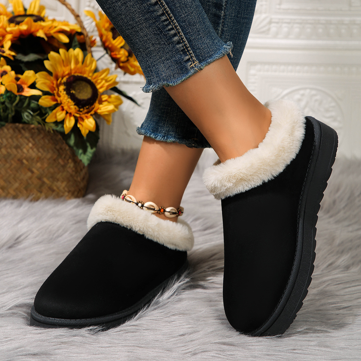 2025 Fashion Hairy Mouth Snow Boots Womens Winter New Style Thick Bottom Short Tube One Step Lazy Large Cotton Shoes