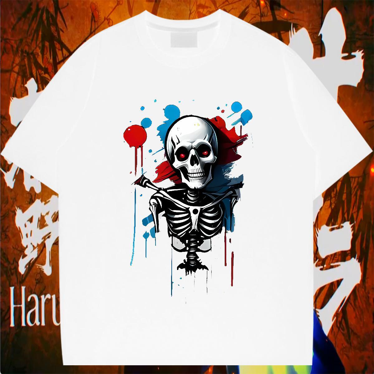 Casual New Men T Shirts skull Tops 100% Cotton 230g Beach Popular DIY Anime Breathable Crew Neck Men Tees