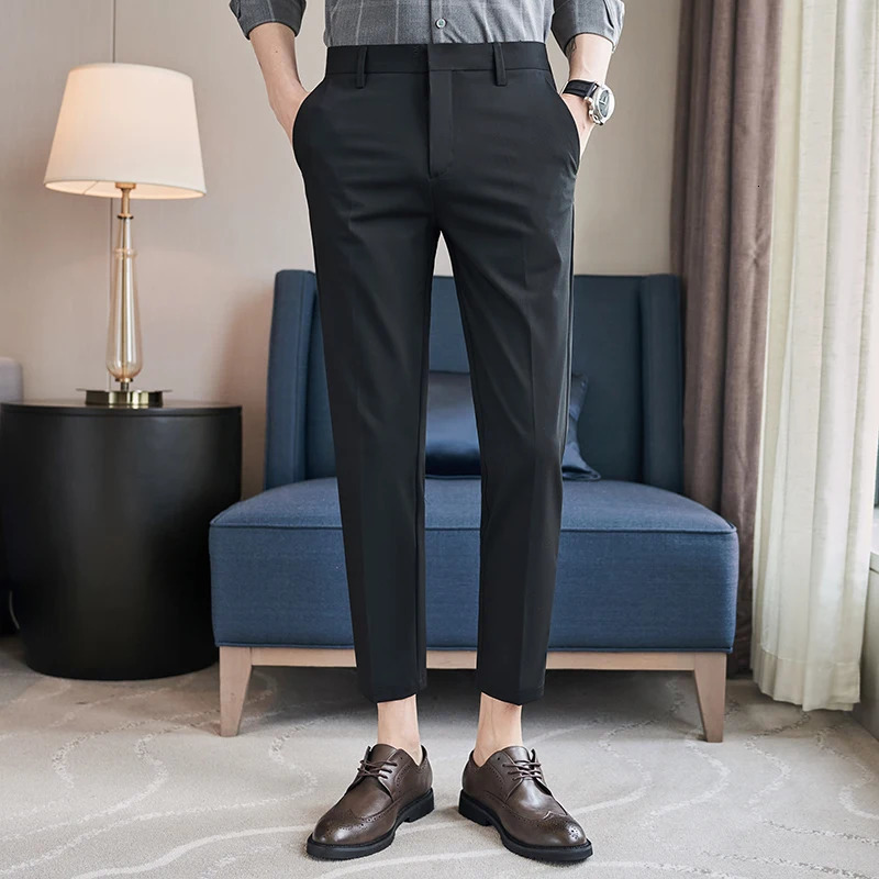 Mens English Style Solid Highwaisted Casual Slim Fit Pants Highquality Dress Business Leisure 36 240806