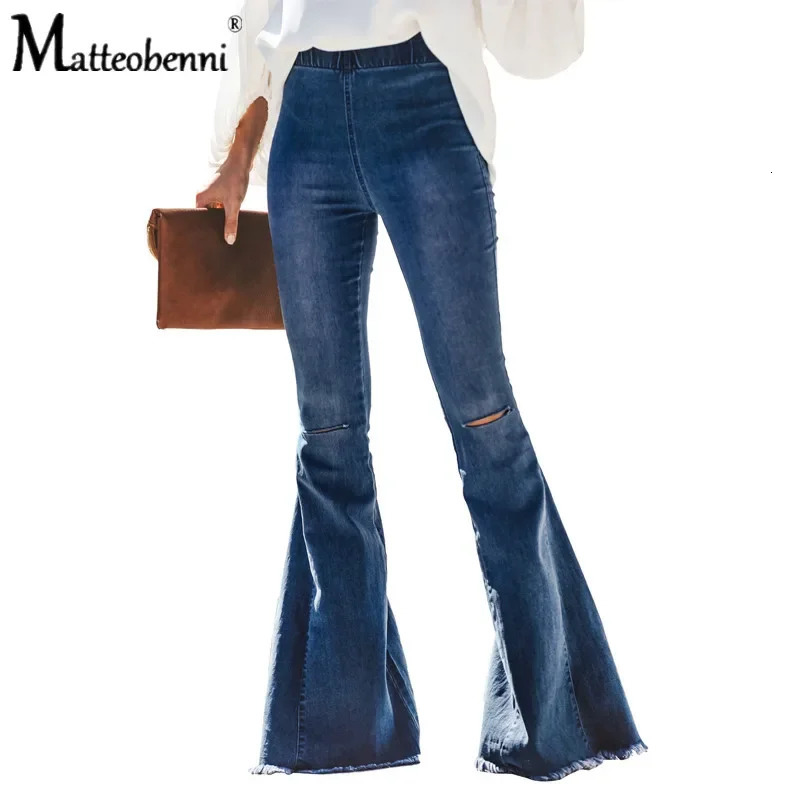 High Waisted Big Flare Jeans For Women Ripped Knee Hole Skinny Wide-Leg Denim Pants Female Casual Black Elastic Jean 240807