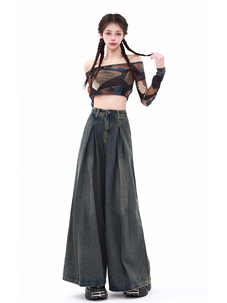 Summer Women Korean Fashion Flare Pleated Mom Jean Y2k Japanese Bell Bottoms Denim Pants Long Trousers 2000s Kpop Goblin Core 240807