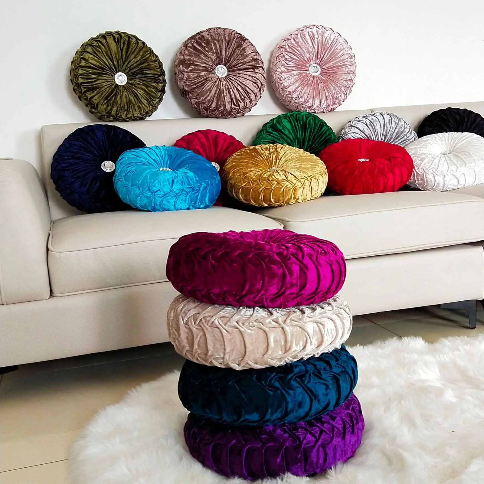 Plush Throw Pillow Nordic Pumpkin Throw Pillow with Diamond Solid Color Living Room Wheel Round Puddle Window Cushion Tatami 240806