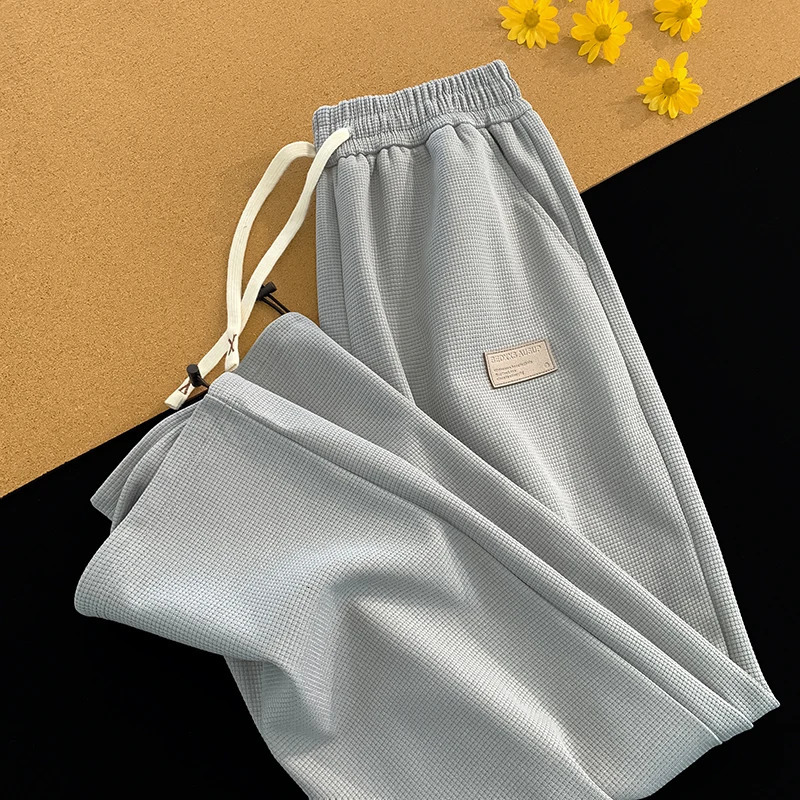 Mens Waffle Loose Large Size 5XL Wide Leg Pants American Retro Trend Drawstring Sweatpants Y2K Fashion Male Casual 240806