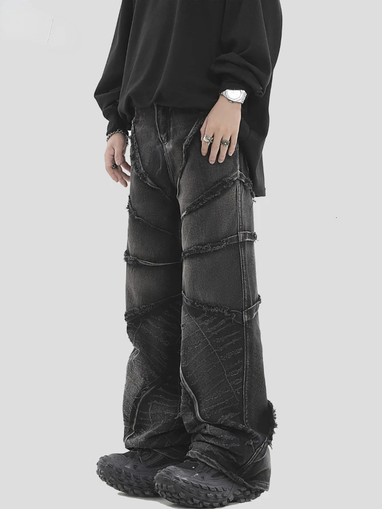 National Couples American Raw Edge Stone Mill Washed Jeans Y2K Gothic Punk Style Loose Straight Tube Make Old Trousers 240806
