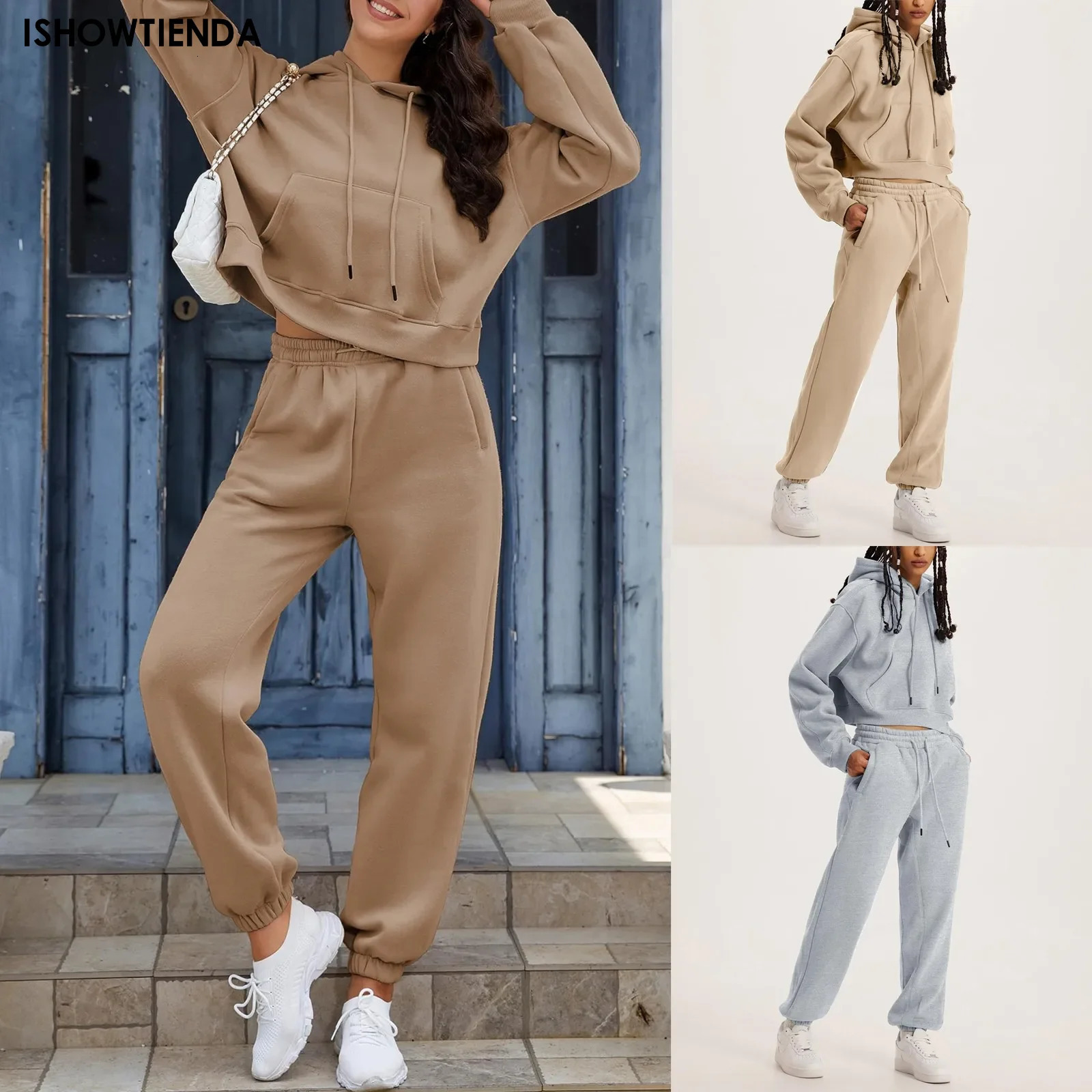 2 Piece Suit Sports For Womens Solid Color Fashion Casual Outfits Set Tracksuit Wear Long Sleeve Wide Leg Pants Streetwear 240807