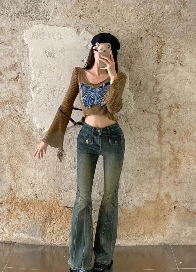 Rockulzzang High Waist Flare Jeans Denim Pant Women bootcut bell bottom korean y2k clothing plus size 3xl elegant slim fashion 240807