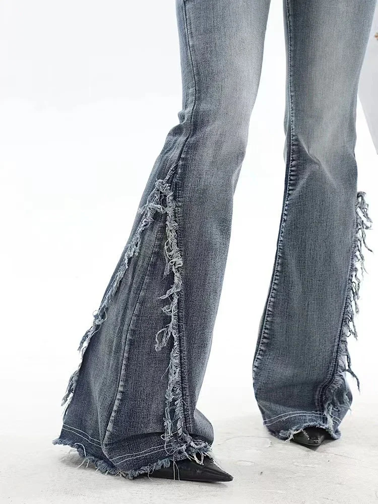 American Retro Y2K Flare Jeans Scratched Slim Bell Bottoms Women Fashion Gyaru Denim Pant Raw Edge Trousers Hip Hop High Street 240807