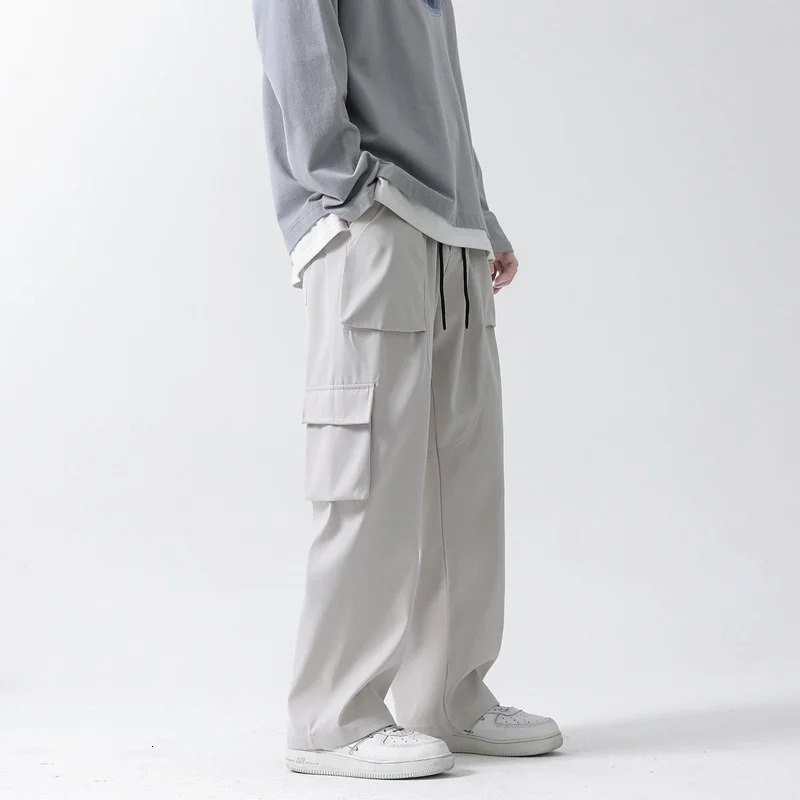APPEARWAY Summer Mens Cargo Pants Korean Solid MultiPockets Straight Male Hip Hop Street Elastic Waist Loose Trousers 240806