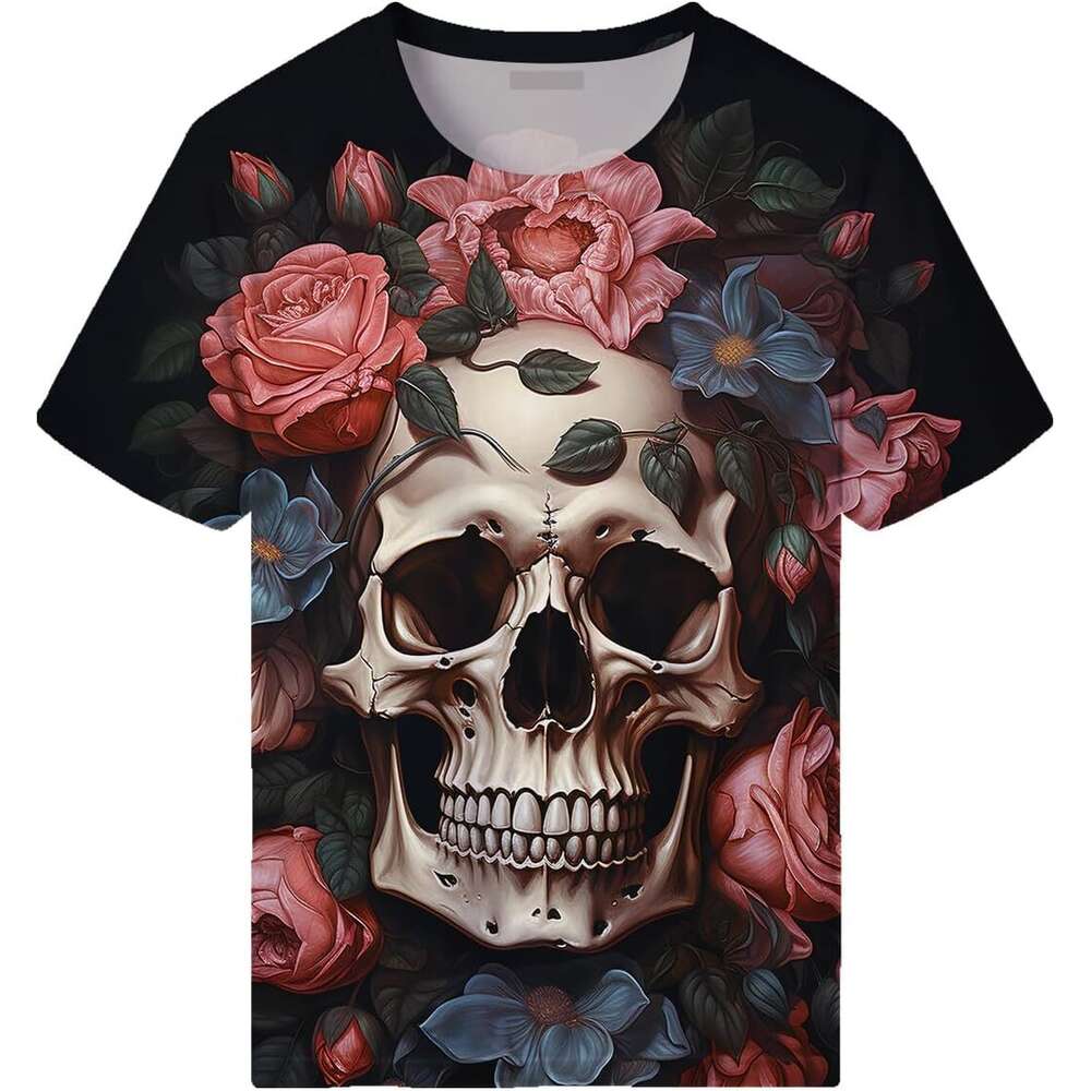 Halloween Mens T shirt Psychedelic Rose Skull Print Shirt T-Shirts Gothic Skeleton Graphic Short Sleeved tshirt graphic tee Casual tops summer clothes