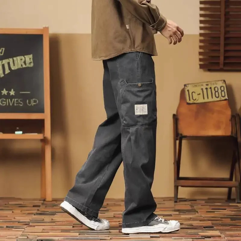 Japanese Vintage Heavy Duty Washing Cargo Pants Mens Spring Autumn Loose Fit Straight Leg Casual Trousers Trendy Male 240806