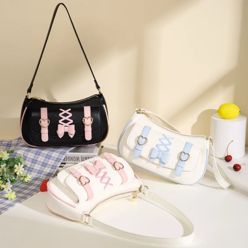 Lolita Shoulder Bags for Women Cute Bow Jk Sweet and Kawaii Lipstick Purses and Handbags All-match Leather Underarm Bag Sac 240805