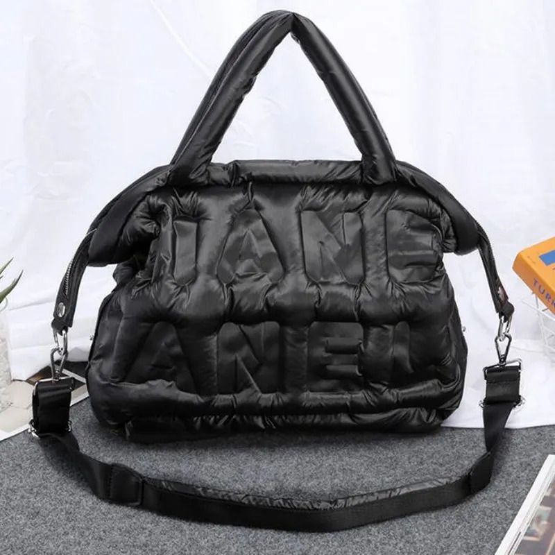 Winter Large Capacity Womens Shoulder Bag Waterproof Nylon Handbag Space Cushion Cotton Feather Bottom Horizontal Body 240807
