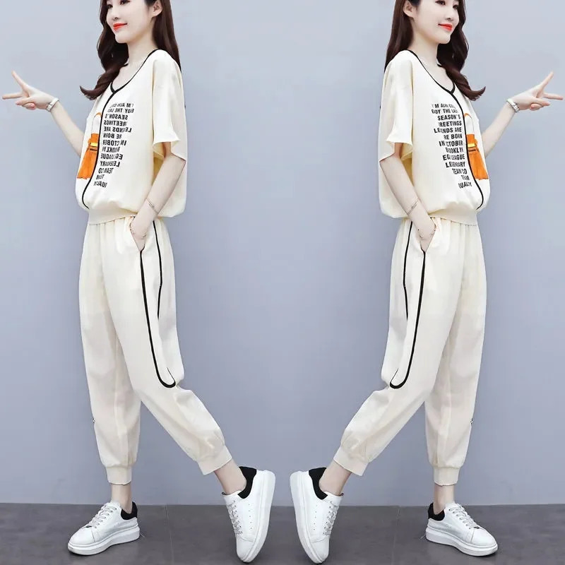 Summer Women Temperament Loose Sports Suit female Age-Reducing Western-Style Casual And Fashionable Two-Piece Sets 240807