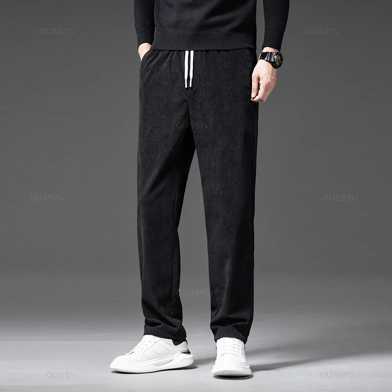 Four Seasons Corduroy Pants Men Drawstring Elastic Waist Business Loose Straight Korea Casual Trousers Male Oversized M5XL 240806