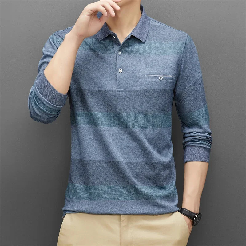 Mens Casual Stripe Plaid Long Sleeve Polo Shirt Fashion Solid Polo Top o240814