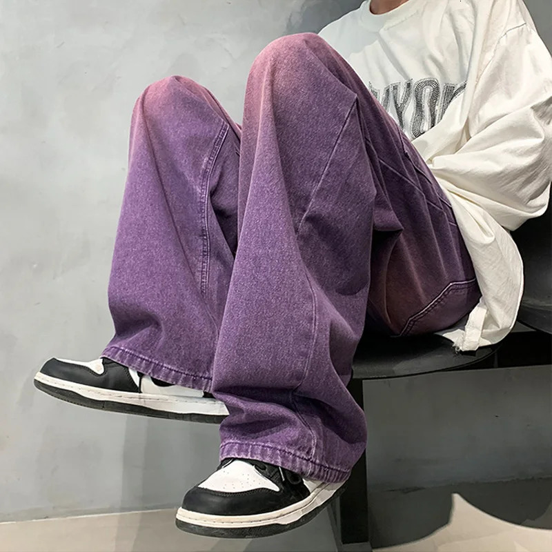 Purple Wide Jeans for Men Ins Fashion Hip Hop Denim Trousers Vintage Casual Pants Streetwear Oversized Bottoms Male Y2K Clothes 240814