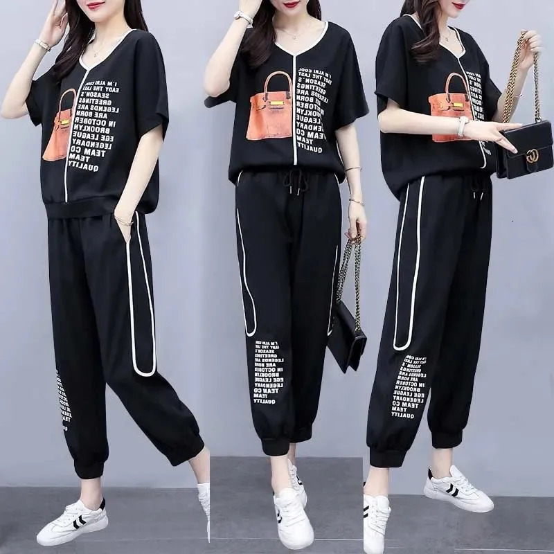 Summer Women Temperament Loose Sports Suit female Age-Reducing Western-Style Casual And Fashionable Two-Piece Sets 240807