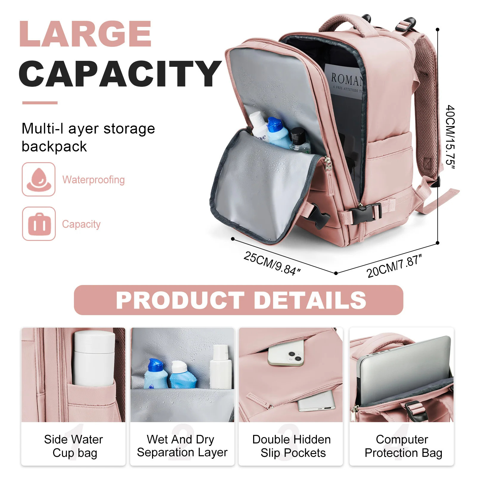 Backpack travel cabin airplane 40x20x25 womens backpack waterproof laptop mens 240807