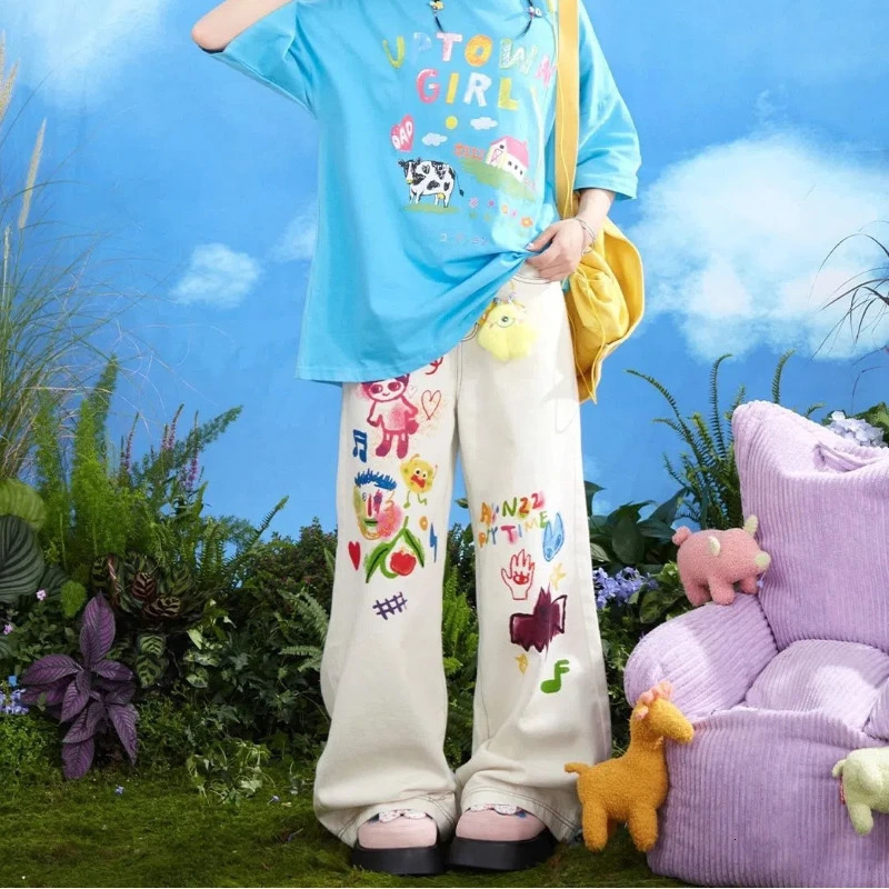 Kawaii Cartoon Young Style Sweet Summer Straight Jeans Women Printing Pockets Zipper Fashion Loose High Waist Wide Leg Trousers 240807