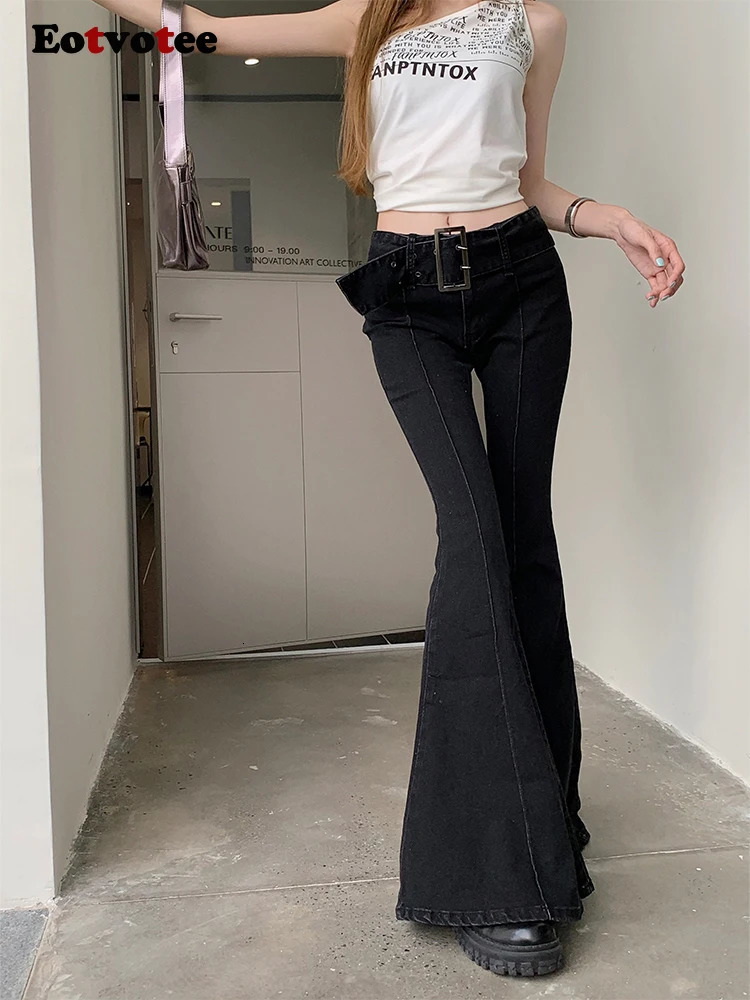 EOTVOTEE Korean Fashion Flare Low Waist Jeans Trousers Pattern Streetwear Casual Button Black Jeans Y2K Full Length 240807