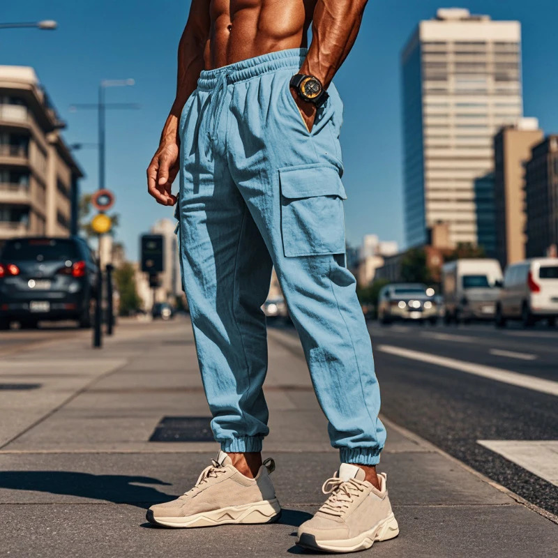 Vintage Loose Drawstring Mens Cotton Pants Stylish Solid Color Breathable Cargo Streetwear Fashion Pocket Men 240806