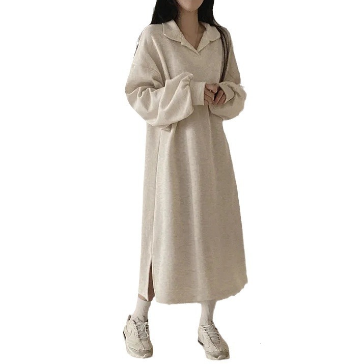 Korean version solid color autumn/winter POLO collar, spring/autumn internet famous new plush, loose lazy style, long and chubby mm dress