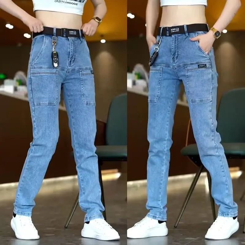 Korea Women Men Cargo Denim Pants Casual Blue Gray Y2K Strtwear Straight Jeans Male Trousers Womens Mens Clothing Z260313