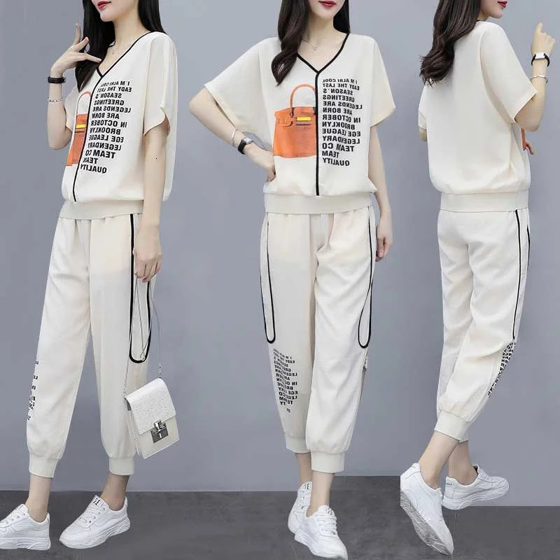 Summer Women Temperament Loose Sports Suit female Age-Reducing Western-Style Casual And Fashionable Two-Piece Sets 240807
