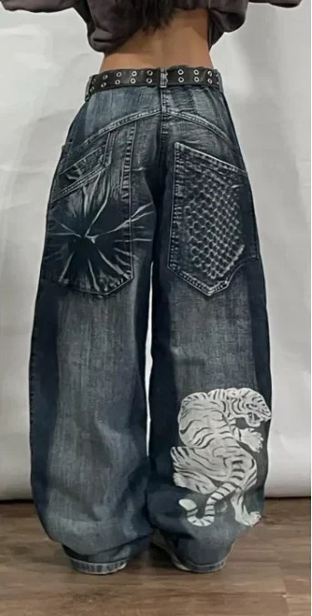 American Harajuku Retro Y2K Oversized Loose Jeans Antarctic Fashion Wing Pattern Gothic High Waisted Wide Leg Pants 240807