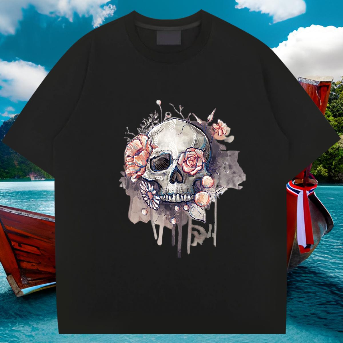 Free Shipping T shirt skull Top Tees 230g 100% Cotton Beach Loose Fit DIY Printed Round Neck Short Sleeve Mens Tshirts