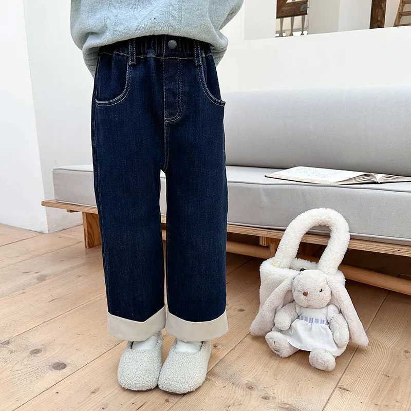 Jeans Winter Girls fashion Cuffed denim pants fleece inner warm thick jeans